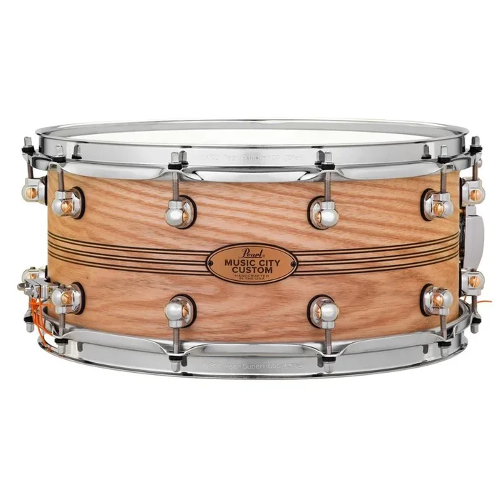 Pearl Music City Custom Solid Ash 14×6.5 Snare Drum Natural w/Boxwood-Rose Triband Inlay