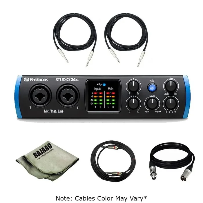 PreSonus Studio 24 c Portable High Definition Usb C Audio Interface With Polishing Cloth & Cables Bundle