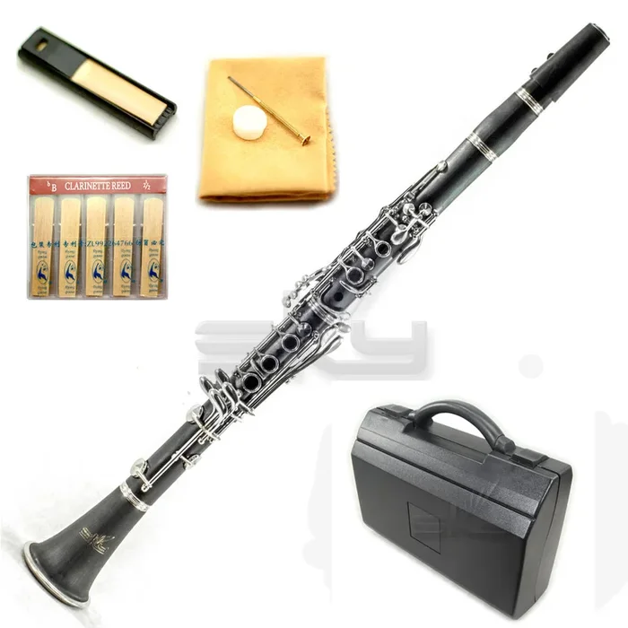 SKY Ebonite Bb Clarinet Ebony Neck and Bell with Case, Mouthpiece, 11 Reeds, Care kit and more