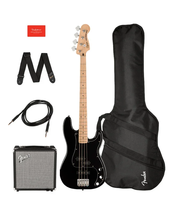 Squier by Fender Affinity Series Precision Bass PJ Guitar Bundle Pack, Maple Fingerboard – Black