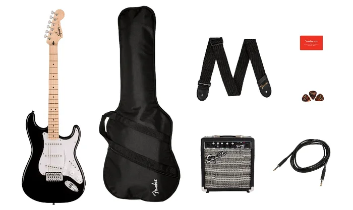 Squier Sonic Stratocaster Electric Guitar Pack w/ Amp and Gig Bag – Black