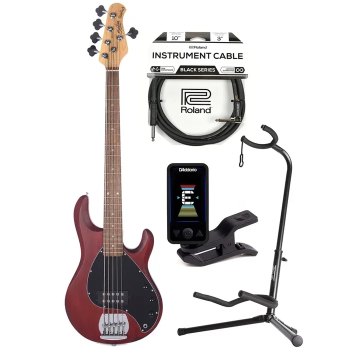 Sterling by Music Man S.U.B. Series StingRay5 5-String Walnut Satin w/Guitar Stand, Tuner and 10′ Cable Bundle