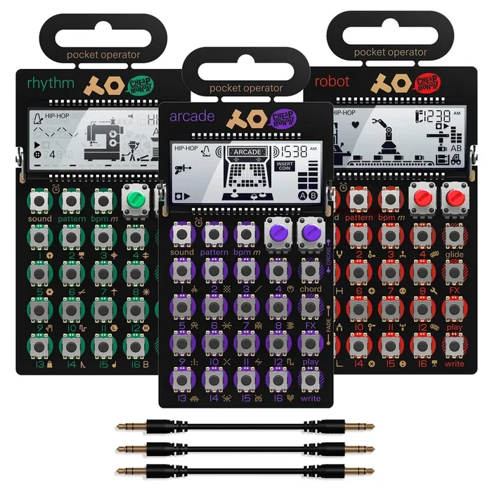 Teenage Engineering Pocket Operator PO-12 Rhythm, PO-20 Arcade, PO-28 Robot and Sync Cables Essentials Bundle
