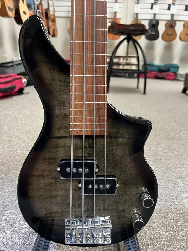 Tiny Boy Black Flamed Maple Fretless 4 String Solid Body Bass w/Case – TBP-3450-BFM Short Scale Bass