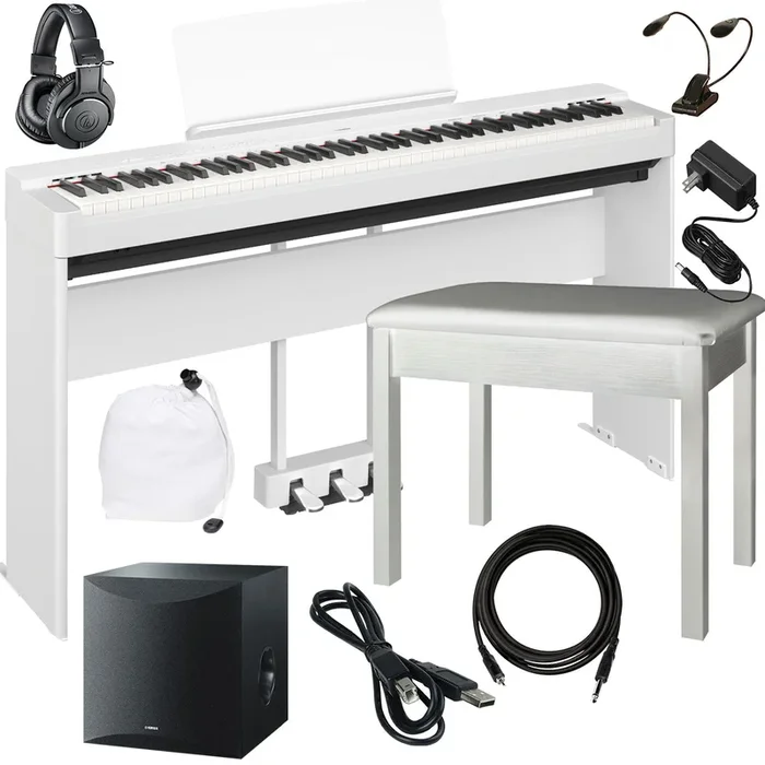 Yamaha P-225 Digital Piano – White COMPLETE HOME BUNDLE PLUS
